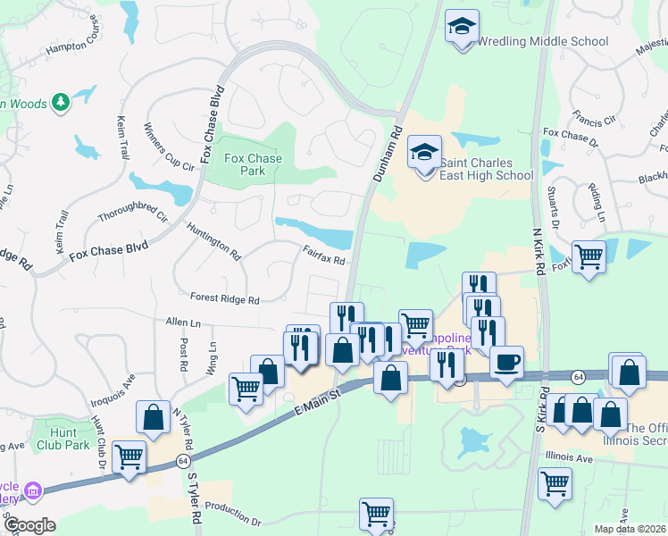 map of restaurants, bars, coffee shops, grocery stores, and more near 802 Derby Course in St. Charles