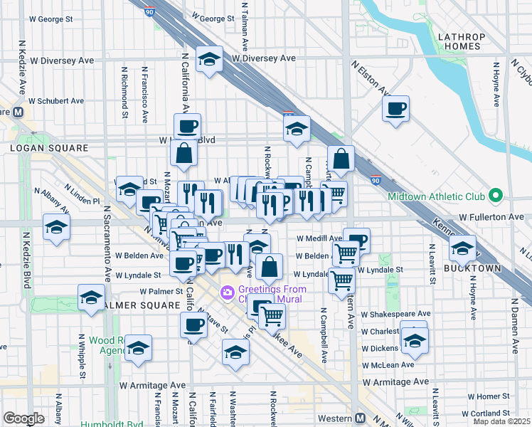 map of restaurants, bars, coffee shops, grocery stores, and more near 2608 West Fullerton Avenue in Chicago
