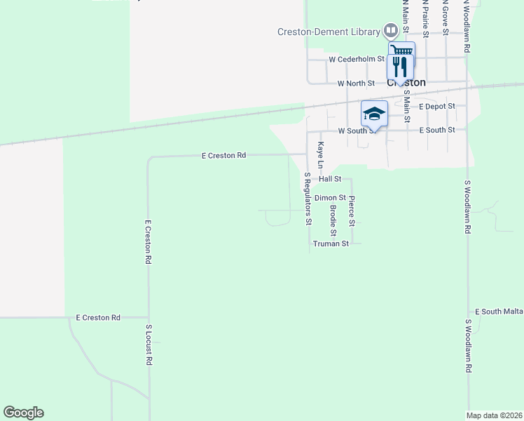 map of restaurants, bars, coffee shops, grocery stores, and more near Driscoll Street in Rochelle