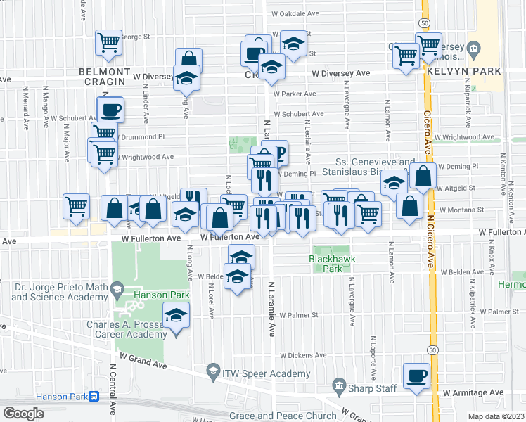 map of restaurants, bars, coffee shops, grocery stores, and more near 5206 West Montana Street in Chicago