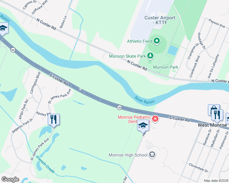 map of restaurants, bars, coffee shops, grocery stores, and more near 2686 South Custer Road in Monroe