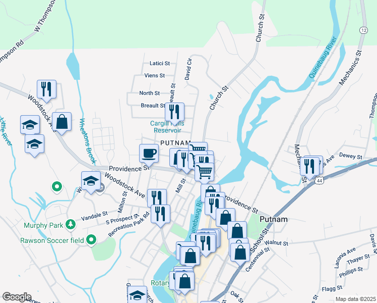map of restaurants, bars, coffee shops, grocery stores, and more near 95 Van Den Noort Street in Putnam