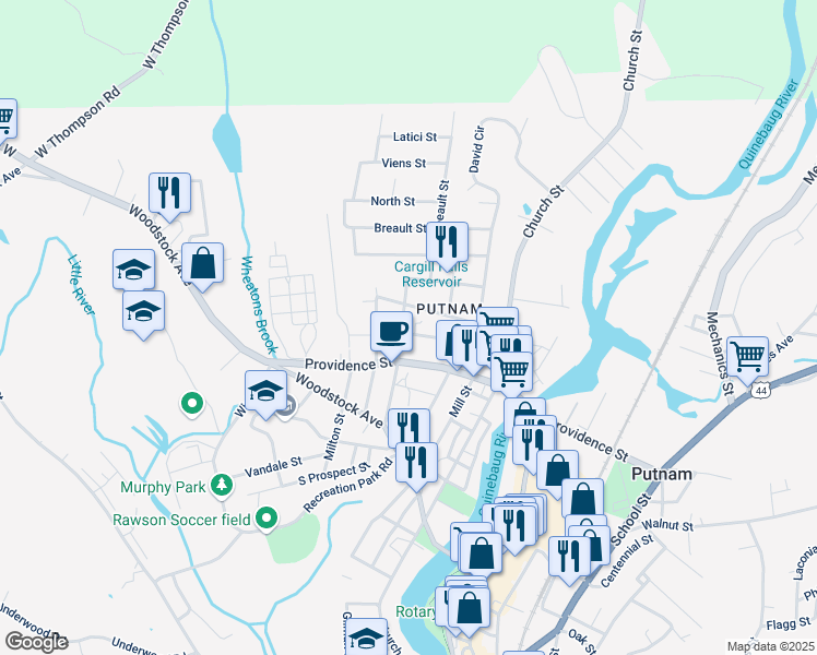 map of restaurants, bars, coffee shops, grocery stores, and more near 69 Battey Street in Putnam