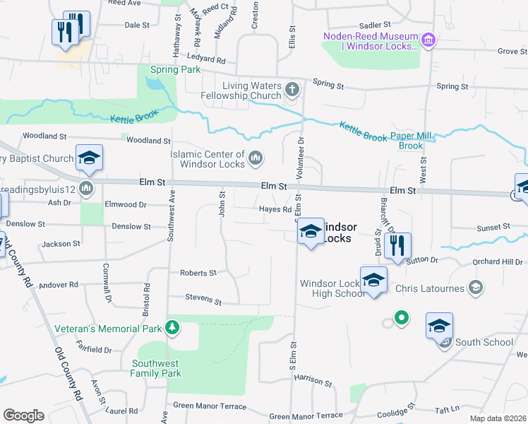 map of restaurants, bars, coffee shops, grocery stores, and more near 65 Hayes Road in Windsor Locks