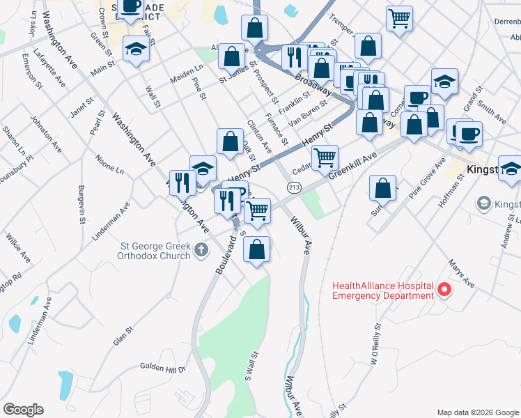 map of restaurants, bars, coffee shops, grocery stores, and more near 1-11 Pine Street in Kingston