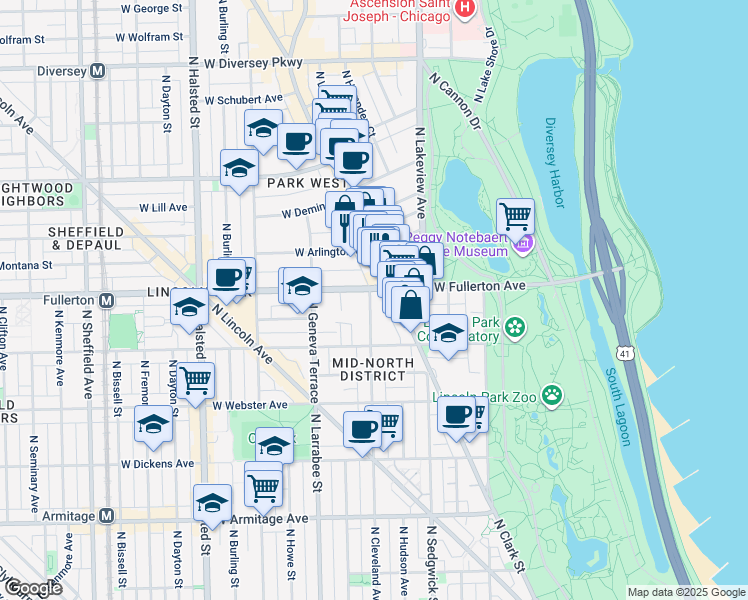 map of restaurants, bars, coffee shops, grocery stores, and more near 513 West Fullerton Parkway in Chicago