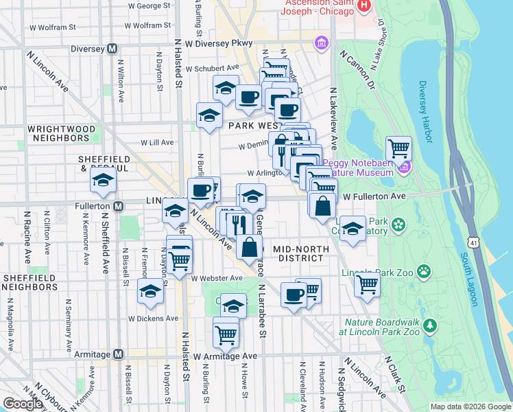 map of restaurants, bars, coffee shops, grocery stores, and more near 559 West Fullerton Avenue in Chicago