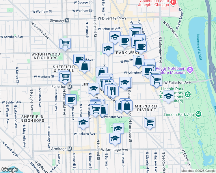 map of restaurants, bars, coffee shops, grocery stores, and more near 2350 North Orchard Street in Chicago