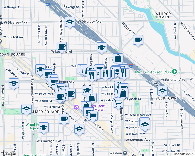 map of restaurants, bars, coffee shops, grocery stores, and more near 2534 West Fullerton Avenue in Chicago