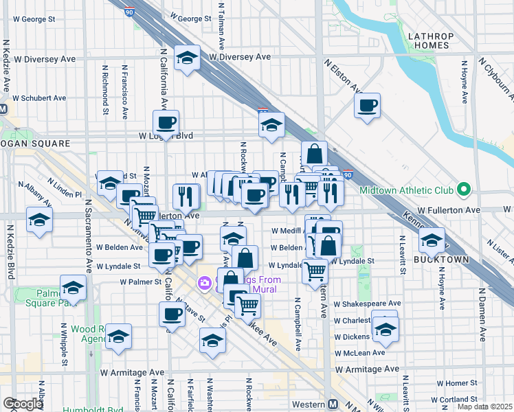 map of restaurants, bars, coffee shops, grocery stores, and more near 2534 West Fullerton Avenue in Chicago