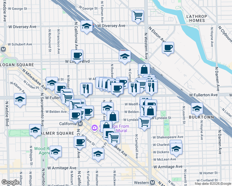 map of restaurants, bars, coffee shops, grocery stores, and more near 2534 West Fullerton Avenue in Chicago