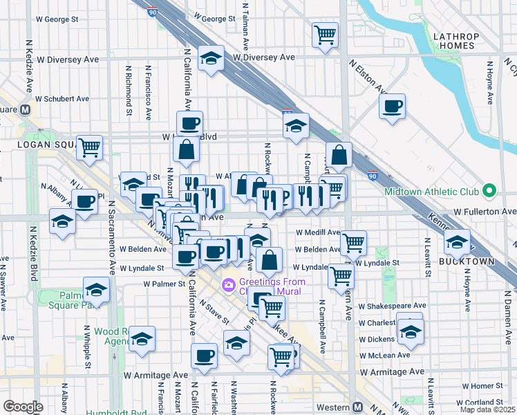 map of restaurants, bars, coffee shops, grocery stores, and more near 2608 West Fullerton Avenue in Chicago