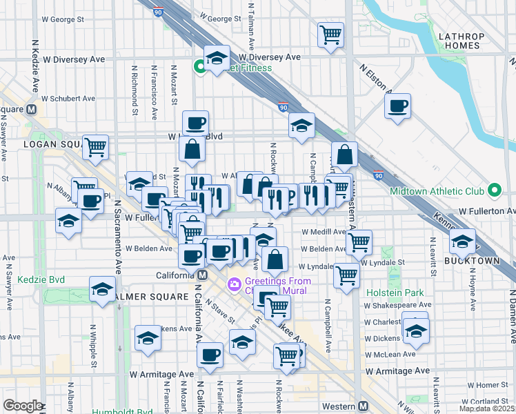 map of restaurants, bars, coffee shops, grocery stores, and more near 2608 West Fullerton Avenue in Chicago