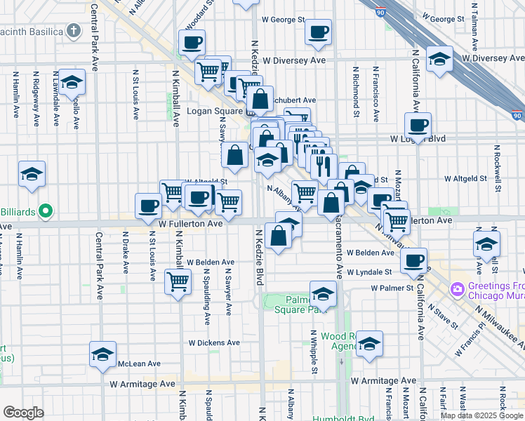 map of restaurants, bars, coffee shops, grocery stores, and more near 2403 North Kedzie Boulevard in Chicago