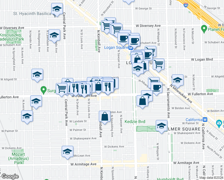 map of restaurants, bars, coffee shops, grocery stores, and more near 3302 West Fullerton Avenue in Chicago