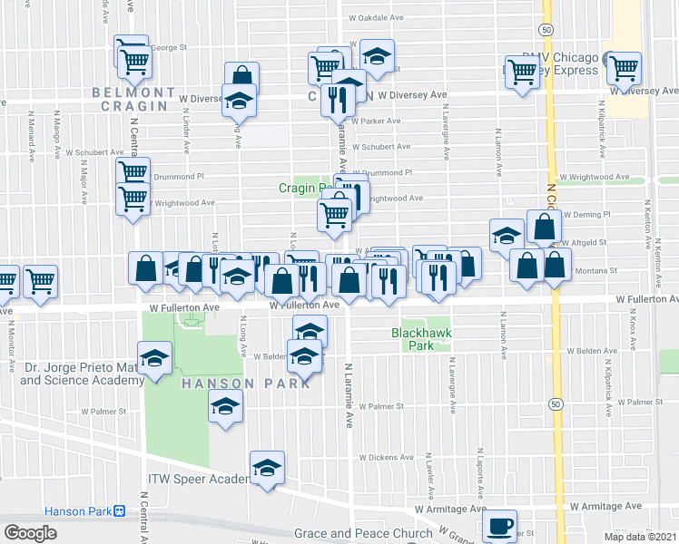 map of restaurants, bars, coffee shops, grocery stores, and more near 2435 North Laramie Avenue in Chicago