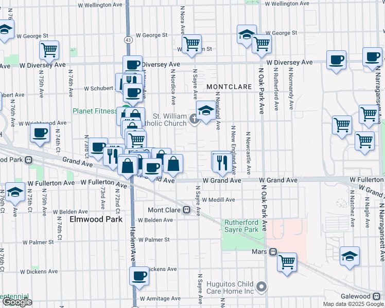 map of restaurants, bars, coffee shops, grocery stores, and more near 2446 North Sayre Avenue in Chicago