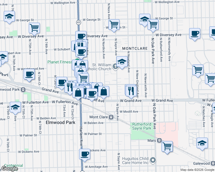 map of restaurants, bars, coffee shops, grocery stores, and more near 2445 North Nordica Avenue in Chicago