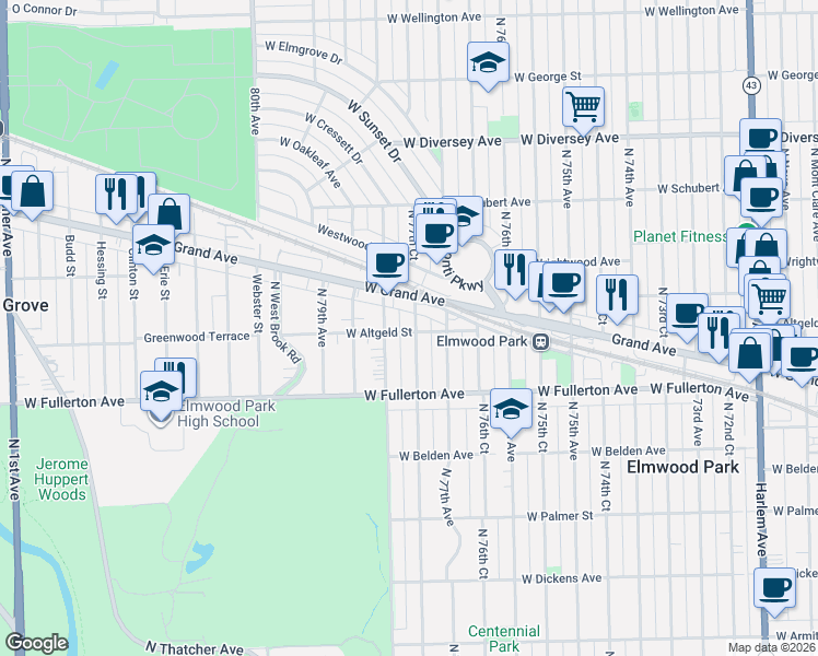 map of restaurants, bars, coffee shops, grocery stores, and more near 2447 North 78th Avenue in Elmwood Park