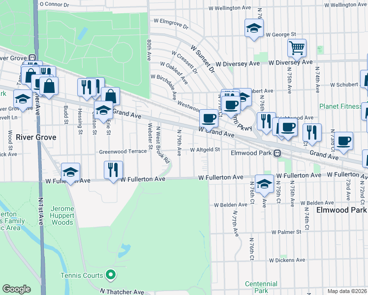 map of restaurants, bars, coffee shops, grocery stores, and more near 2446 North 79th Avenue in Elmwood Park