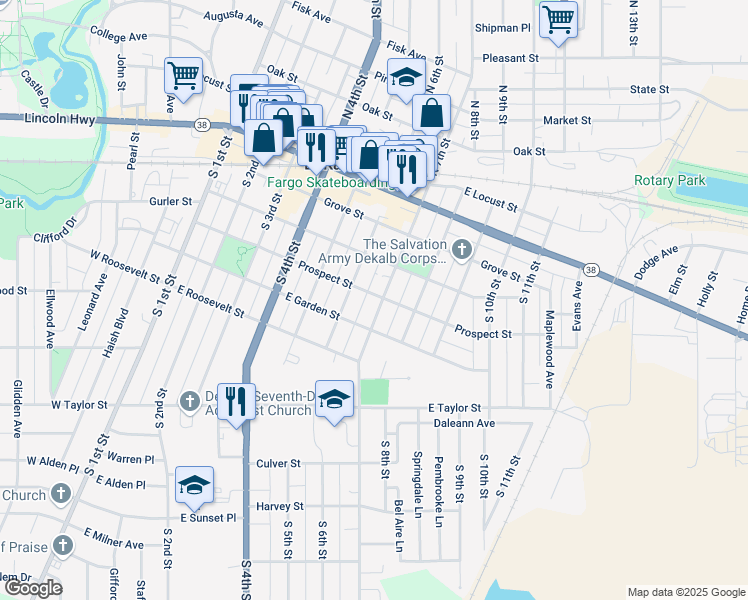 map of restaurants, bars, coffee shops, grocery stores, and more near 404 South 7th Street in DeKalb