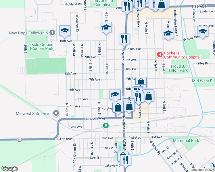 map of restaurants, bars, coffee shops, grocery stores, and more near 602 North 9th Street in Rochelle