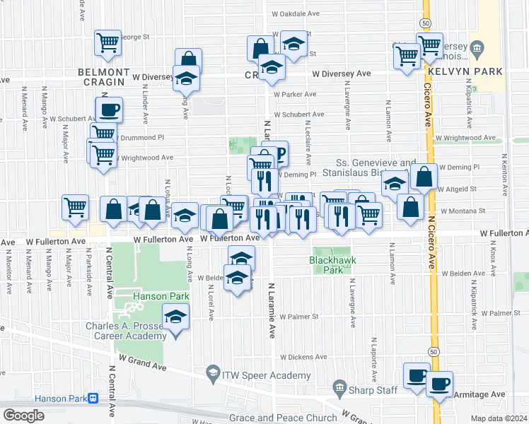 map of restaurants, bars, coffee shops, grocery stores, and more near 2434 North Laramie Avenue in Chicago