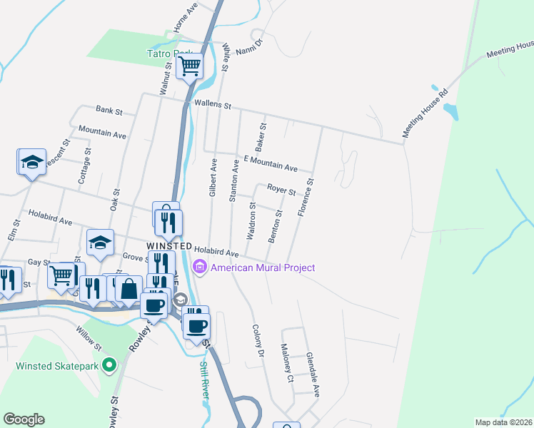 map of restaurants, bars, coffee shops, grocery stores, and more near 100 Waldron Street in Winsted