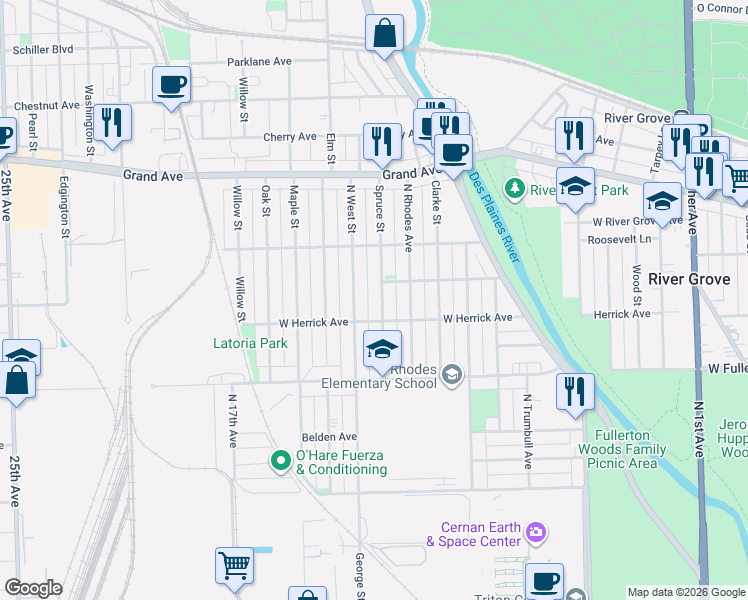 map of restaurants, bars, coffee shops, grocery stores, and more near 2514 Spruce Street in River Grove