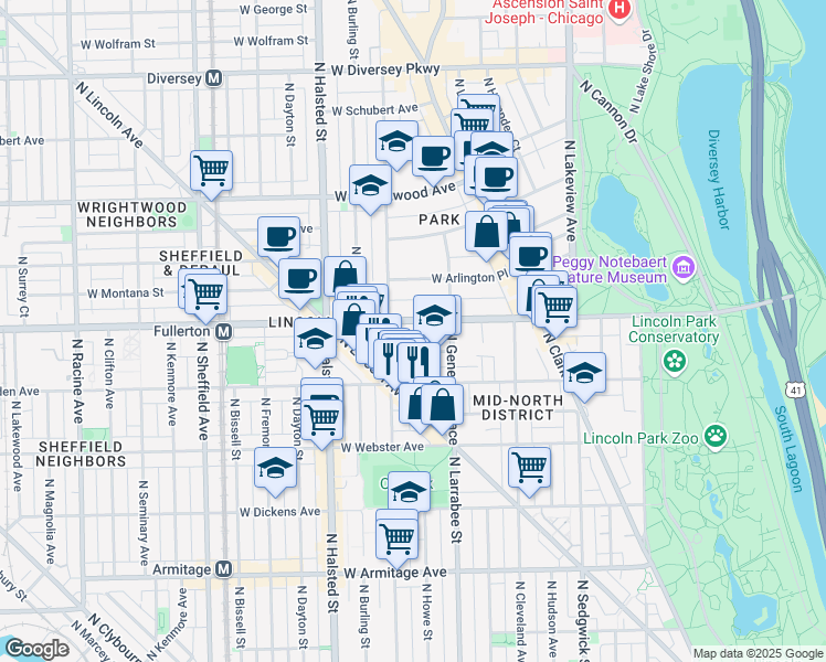 map of restaurants, bars, coffee shops, grocery stores, and more near 639 West Fullerton Parkway in Chicago