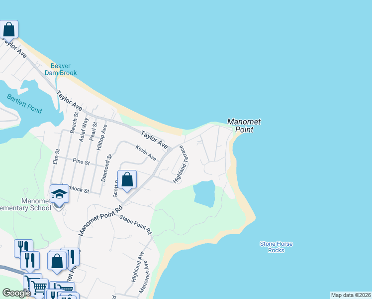 map of restaurants, bars, coffee shops, grocery stores, and more near 35 Highland Terrace in Plymouth