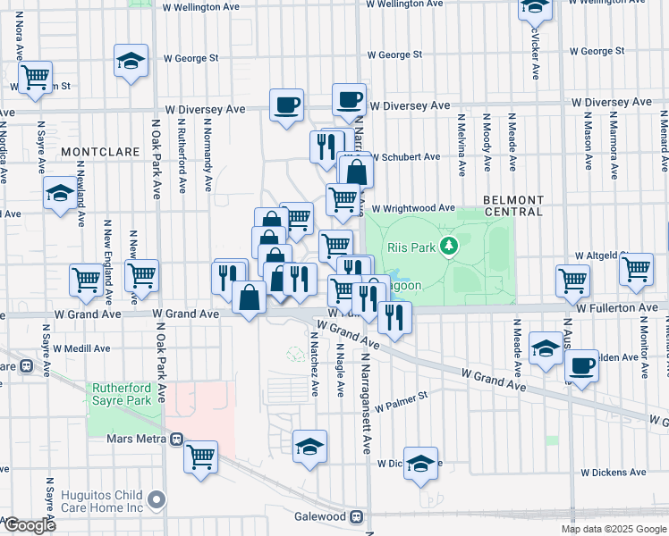 map of restaurants, bars, coffee shops, grocery stores, and more near 6420 West Fullerton Avenue in Chicago