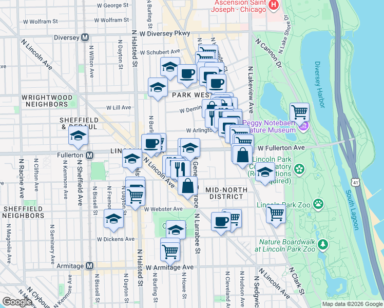 map of restaurants, bars, coffee shops, grocery stores, and more near 559 West Fullerton Avenue in Chicago