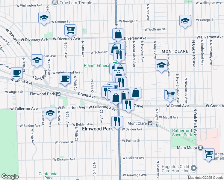 map of restaurants, bars, coffee shops, grocery stores, and more near 2435 North 72nd Court in Elmwood Park