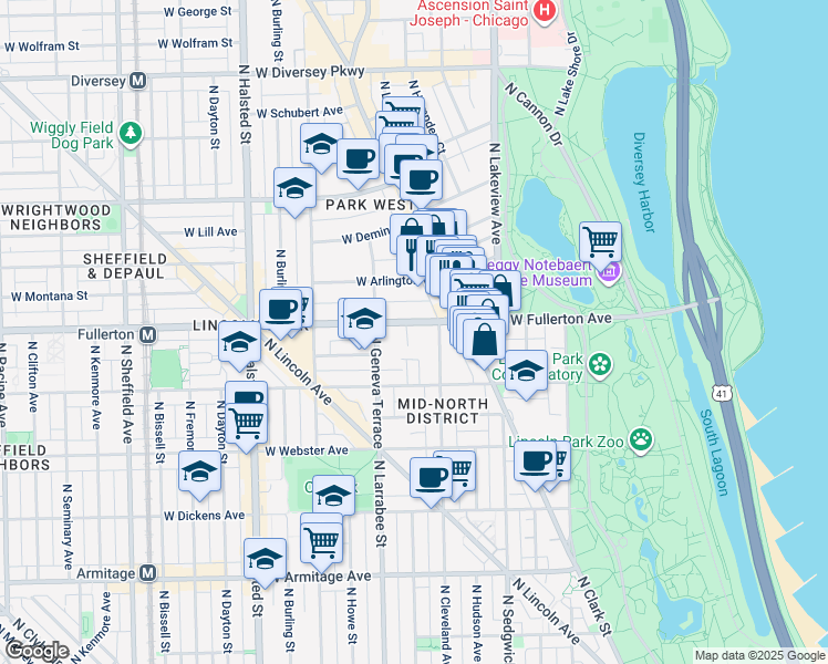 map of restaurants, bars, coffee shops, grocery stores, and more near 523 West Fullerton Parkway in Chicago