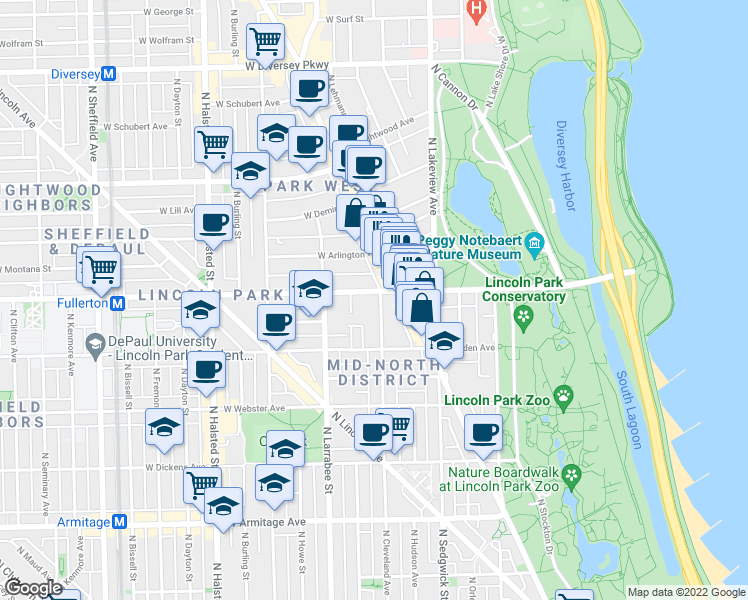 map of restaurants, bars, coffee shops, grocery stores, and more near 513 West Fullerton Parkway in Chicago