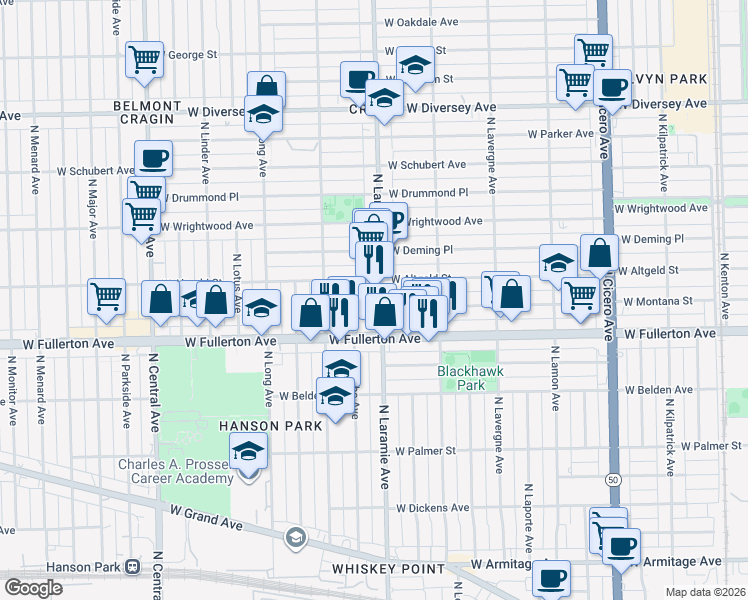 map of restaurants, bars, coffee shops, grocery stores, and more near 2436 North Laramie Avenue in Chicago