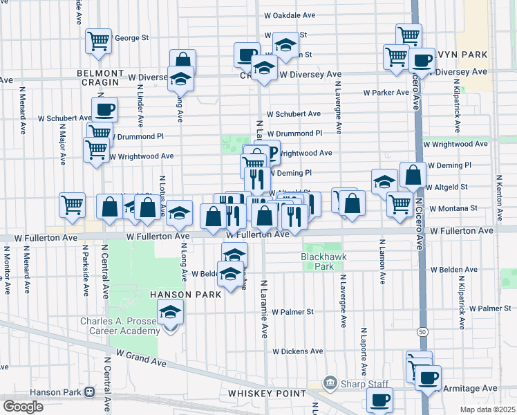 map of restaurants, bars, coffee shops, grocery stores, and more near 2435 North Laramie Avenue in Chicago