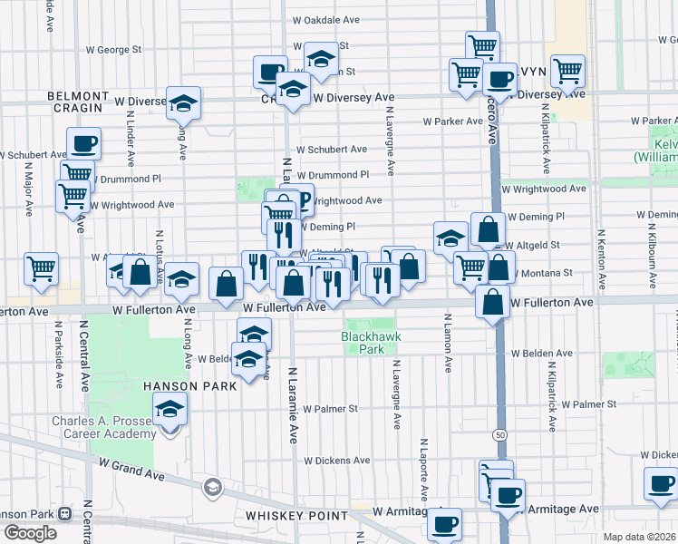 map of restaurants, bars, coffee shops, grocery stores, and more near 5117 West Montana Street in Chicago
