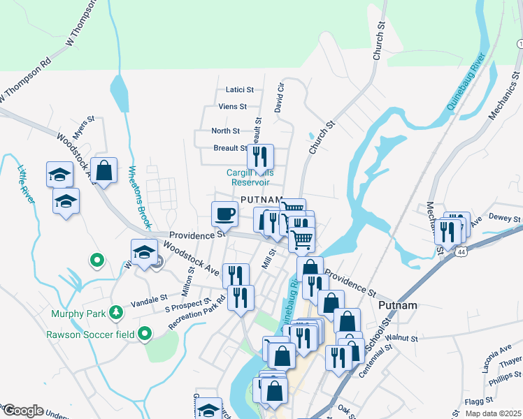 map of restaurants, bars, coffee shops, grocery stores, and more near 95 Van Den Noort Street in Putnam
