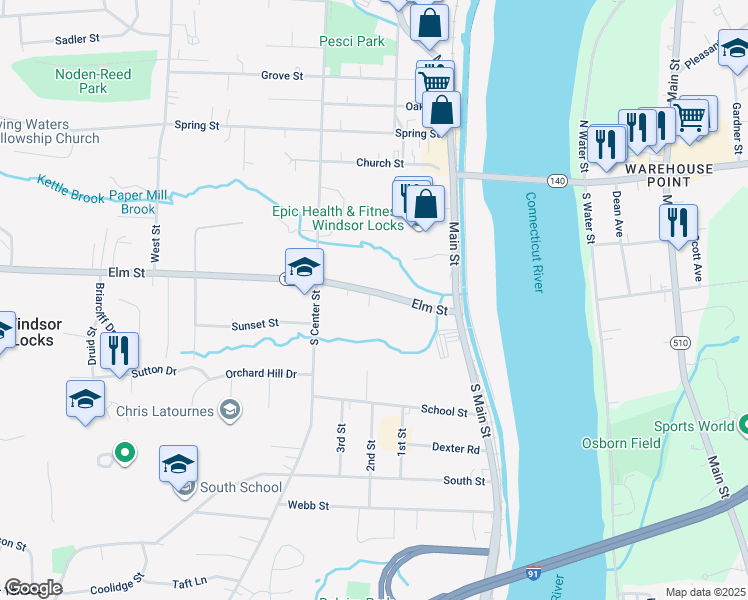 map of restaurants, bars, coffee shops, grocery stores, and more near 42 Elm Terrace in Windsor Locks