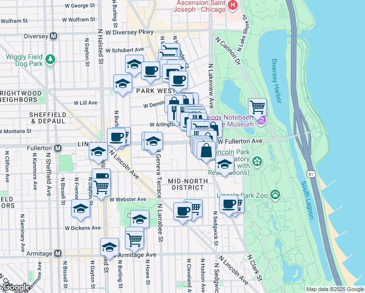 map of restaurants, bars, coffee shops, grocery stores, and more near 513 West Fullerton Parkway in Chicago