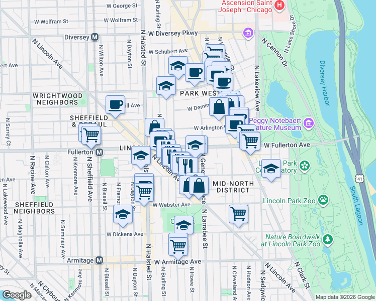 map of restaurants, bars, coffee shops, grocery stores, and more near 624 West Kemper Place in Chicago