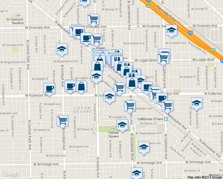 map of restaurants, bars, coffee shops, grocery stores, and more near 3104 West Fullerton Avenue in Chicago