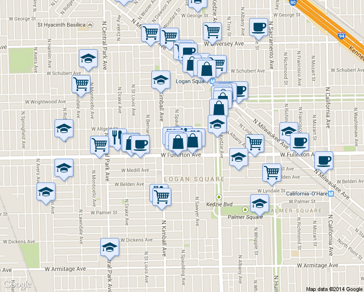 map of restaurants, bars, coffee shops, grocery stores, and more near 3302 West Fullerton Avenue in Chicago