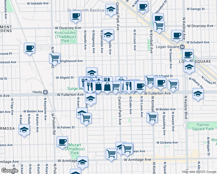 map of restaurants, bars, coffee shops, grocery stores, and more near 3554 West Fullerton Avenue in Chicago