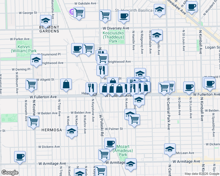 map of restaurants, bars, coffee shops, grocery stores, and more near 2416 North Harding Avenue in Chicago