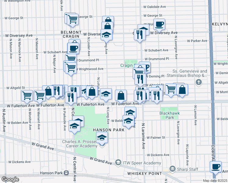 map of restaurants, bars, coffee shops, grocery stores, and more near 2433 North Long Avenue in Chicago
