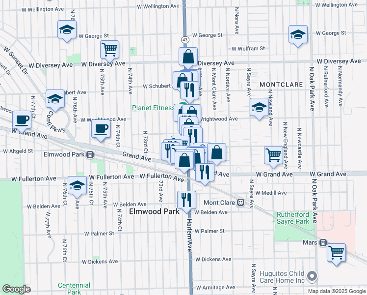 map of restaurants, bars, coffee shops, grocery stores, and more near 2435 North 72nd Court in Elmwood Park