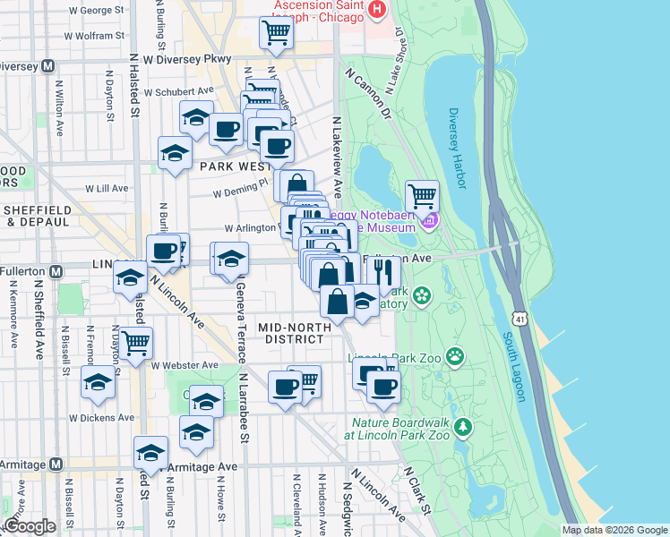 map of restaurants, bars, coffee shops, grocery stores, and more near 411 West Fullerton Parkway in Chicago